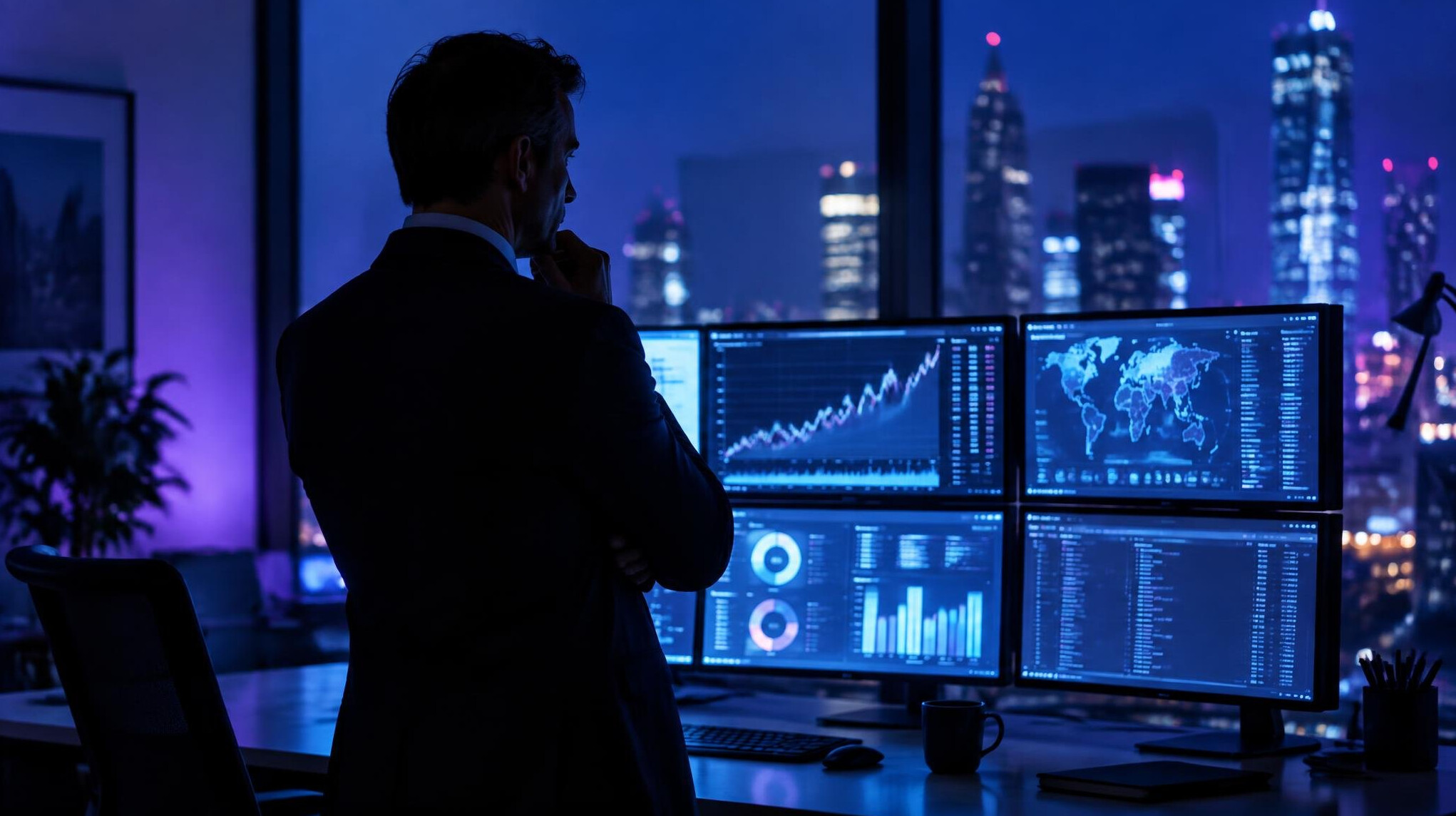 Silhouette of a professional working late in front of screens