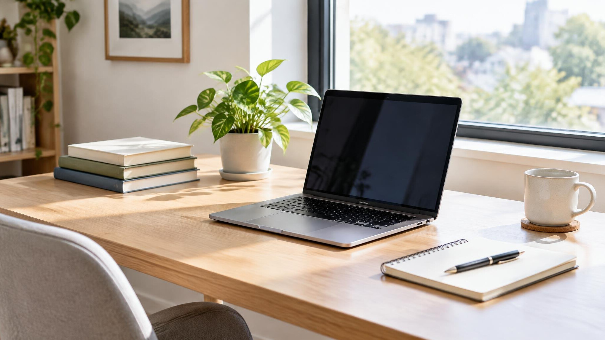 Minimalist home office desk with plants and laptop